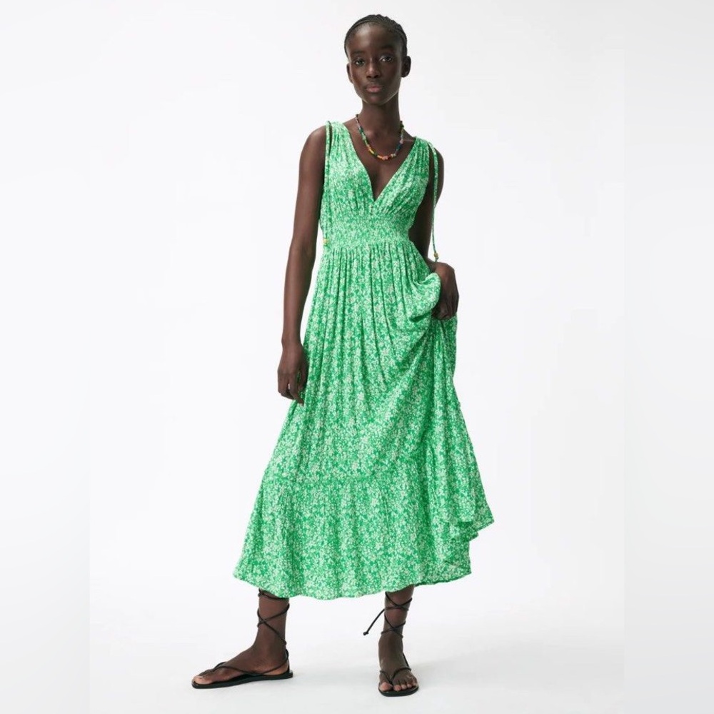 ZARA Green Floral Maxi V Neck Dress